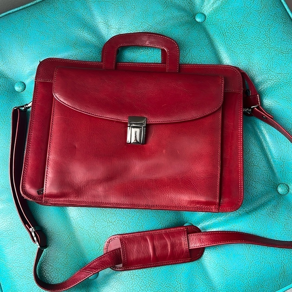 Red smooth leather Scully attache small work bag briefcase iPad/ small laptop